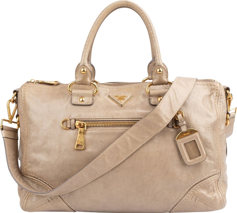 Prada Beige Vitello Shine Leather Bowler Handbag