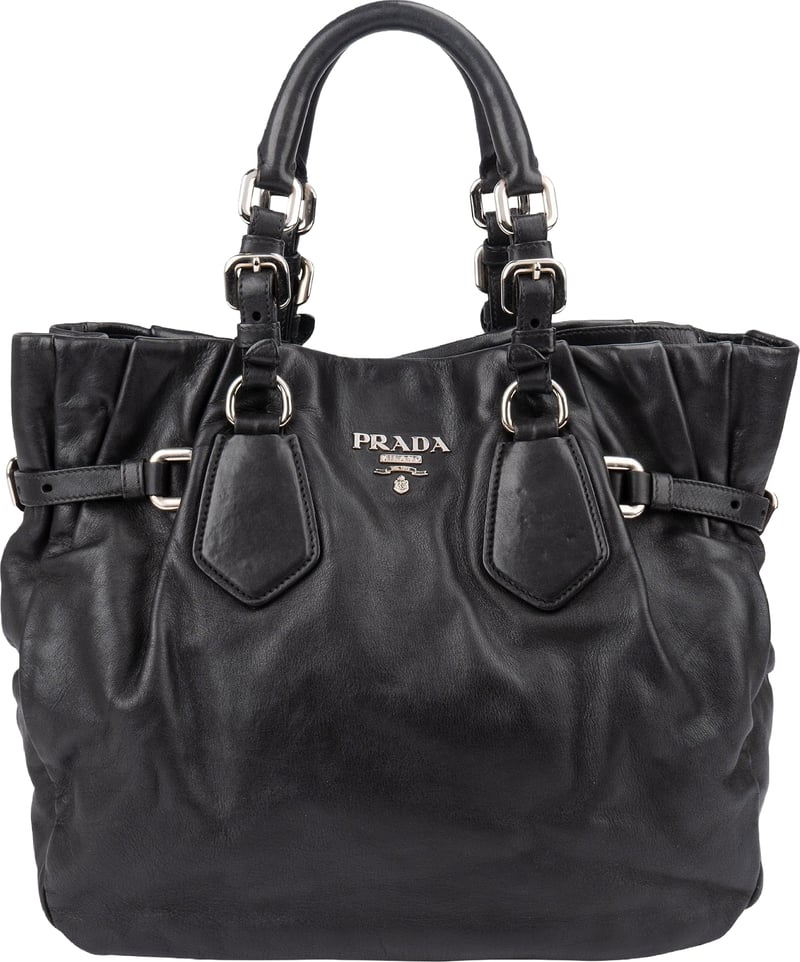Prada Black Nappa Leather Ruched Tote Handbag