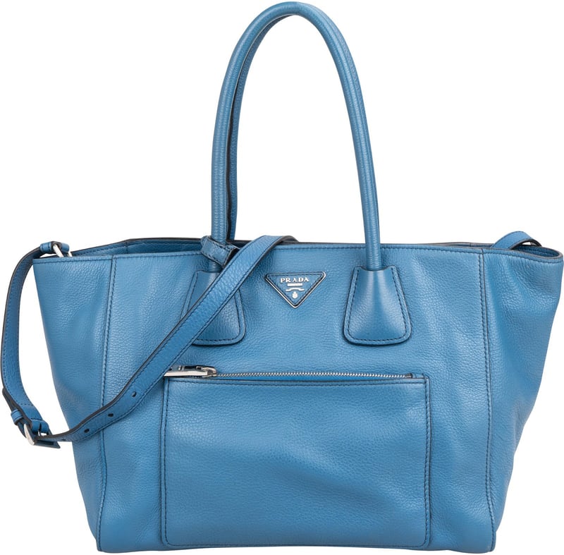 Prada Blue Vitello Daino Leather Shopping Luggage Handbag