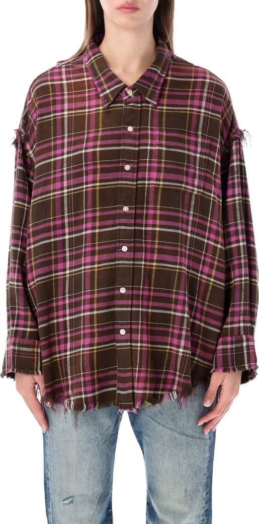 Shredded Seam Drop Neck Shirt Brown Pink Plaid