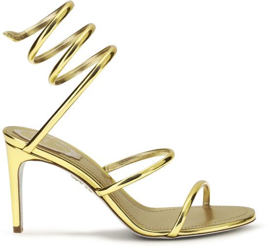 RENE CAOVILLA Gold Calf Leather Bos Taurus Stiletto Heel Sandals