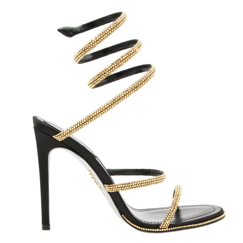 High-Heeled Black Sandals with Gold-tone Studded Ankle Strap
