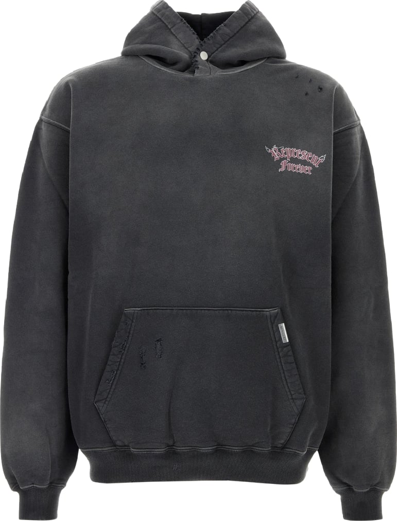 Duality Washed Black Distressed Hooded Cotton Sweatshirt