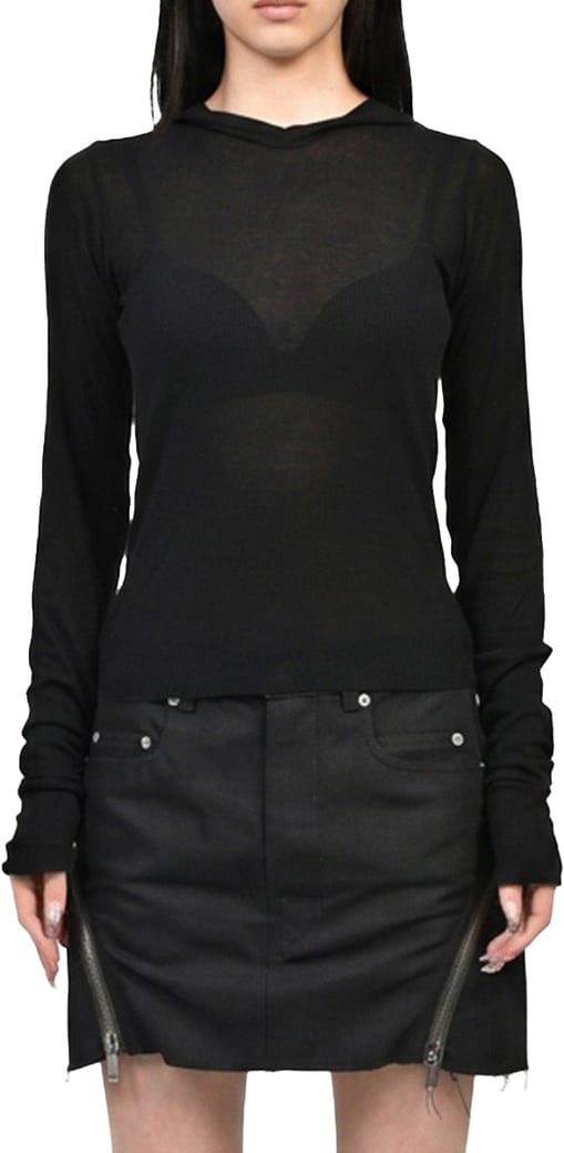 Cropped Hooded Rib Long Sleeve T-Shirt Black