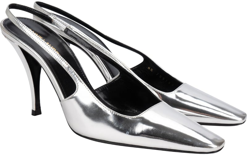 Yves Saint Laurent Silver Metallic Patent Leather Blade Slingback Pumps (37)