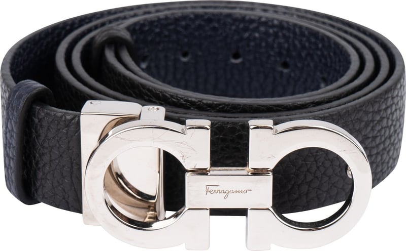 Salvatore Ferragamo Navy Nero Pebbled Leather Gancini Reversible Belt (90)