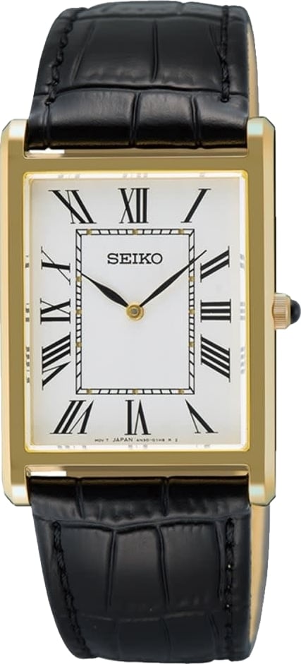Seiko Horloge SWR104P1 Staal met Geelgouden Plating Quartz Saffierglas 50m Waterdicht met Zwart Leren Horlogeband 27mm x 38mm