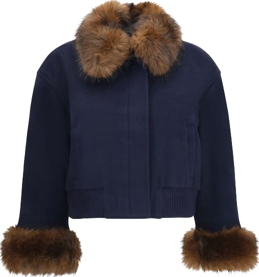 Navy Wool-Blend Plush Fur Trim Jacket