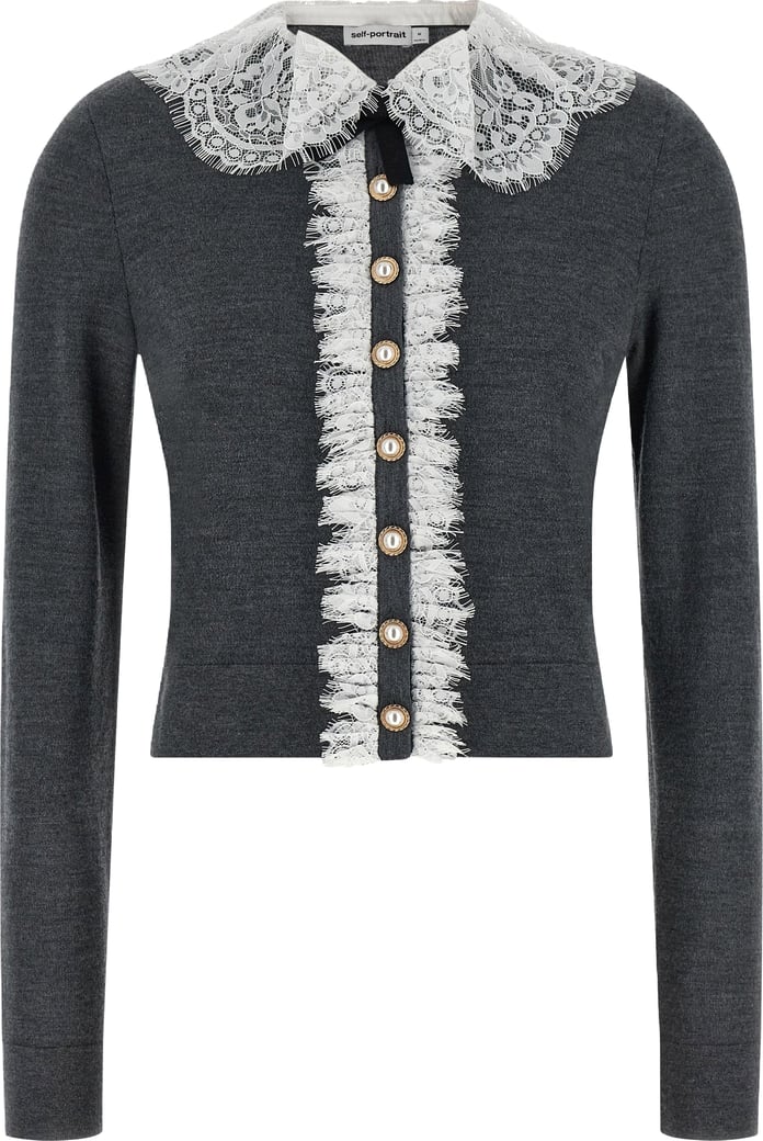 Self-Portrait Grey Lace Collar Knit Cardigan