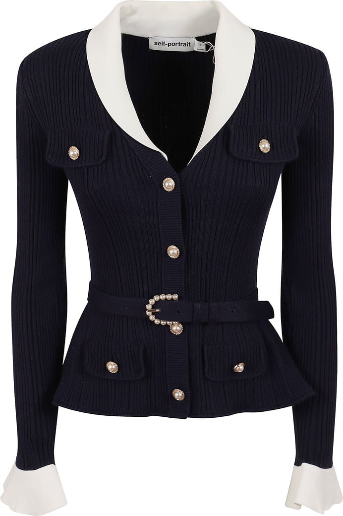 SELF-PORTRAIT NAVY RIBBED KNIT CARDIGAN
