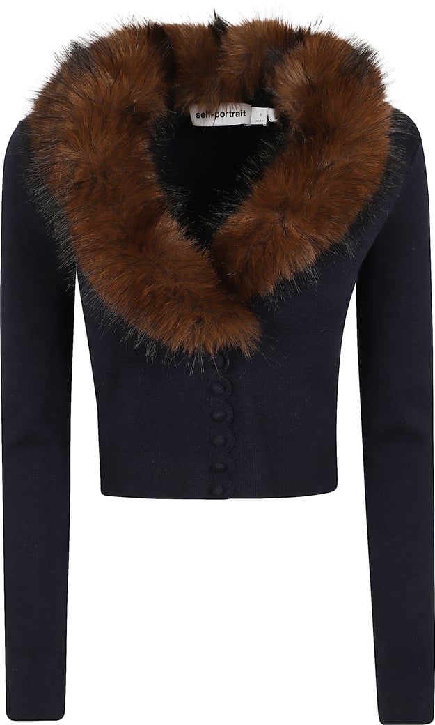 SELF-PORTRAIT NAVY FAUX FUR KNIT CARDIGAN