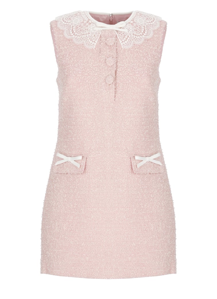 Textured Boucle Mini Dress With Lace Collar And Bow Accents