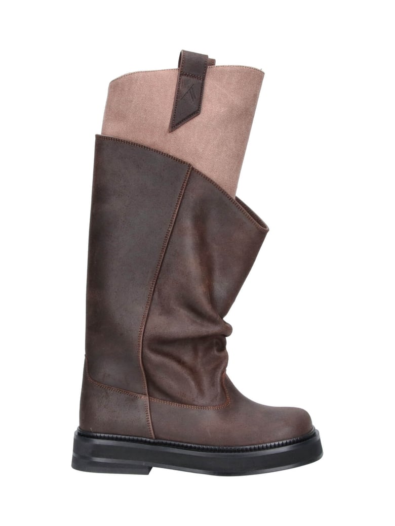 Slouchy Dark Brown Leather Boots with Light Beige Cuff