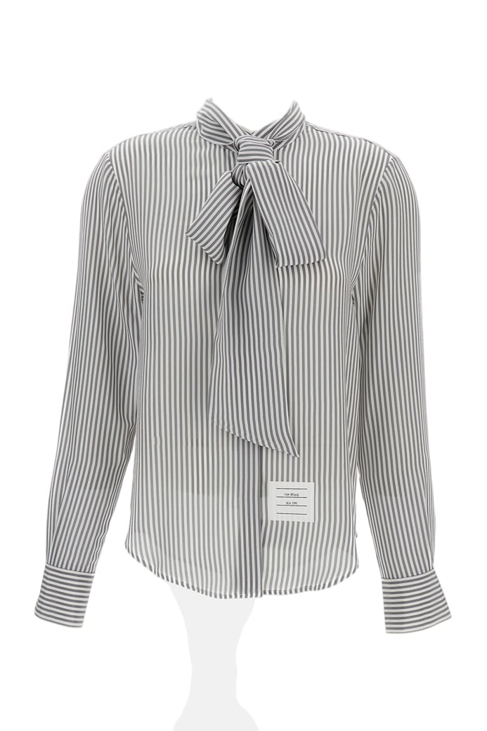 Striped Silk Shirt With Detachable Tie Collar And Signature Details
