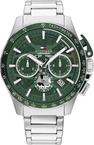 Tommy Hilfiger Horloge TH1792293 Bank Staal Quartz met Groene Wijzerplaat 44mm