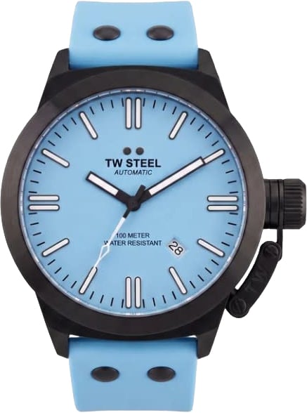 TW Steel Horloge CS128 Canteen Automaat Staal met Zwarte Plating 100m Waterdicht en Licht Blauwe Horlogeband 44mm