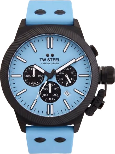 TW Steel Horloge CS129 Canteen Staal met Zwarte Coating Quartz Chronograaf met Licht Blauwe Wijzerplaat 44mm