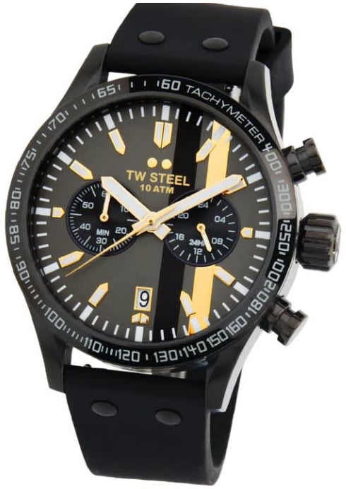 TW Steel Horloge VS122 Staal met Zwart Coating Quartz Chronograaf met Rubberen Zwarte Horlogeband 45mm