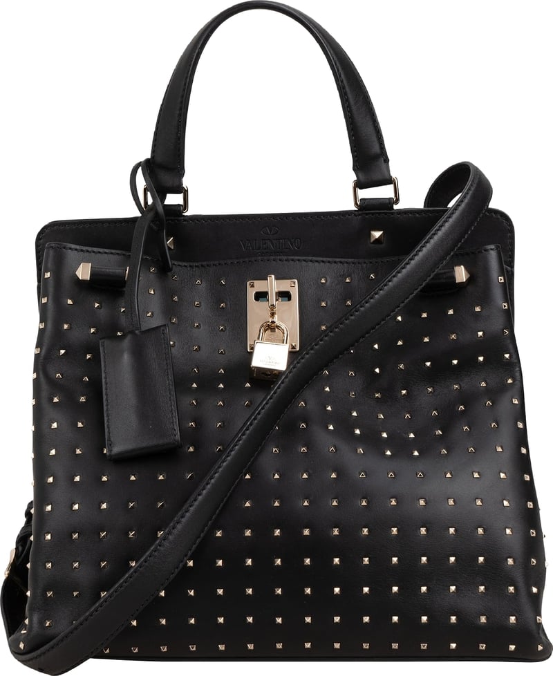 Valentino Garavani Black Calfskin Rockstud Lock Tote Handbag
