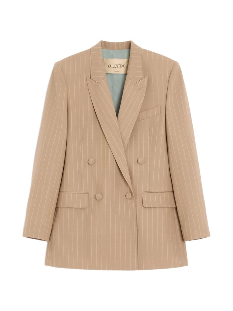 Double-Breasted Tailored Blazer with Pinstripes and Structured Shoulders
