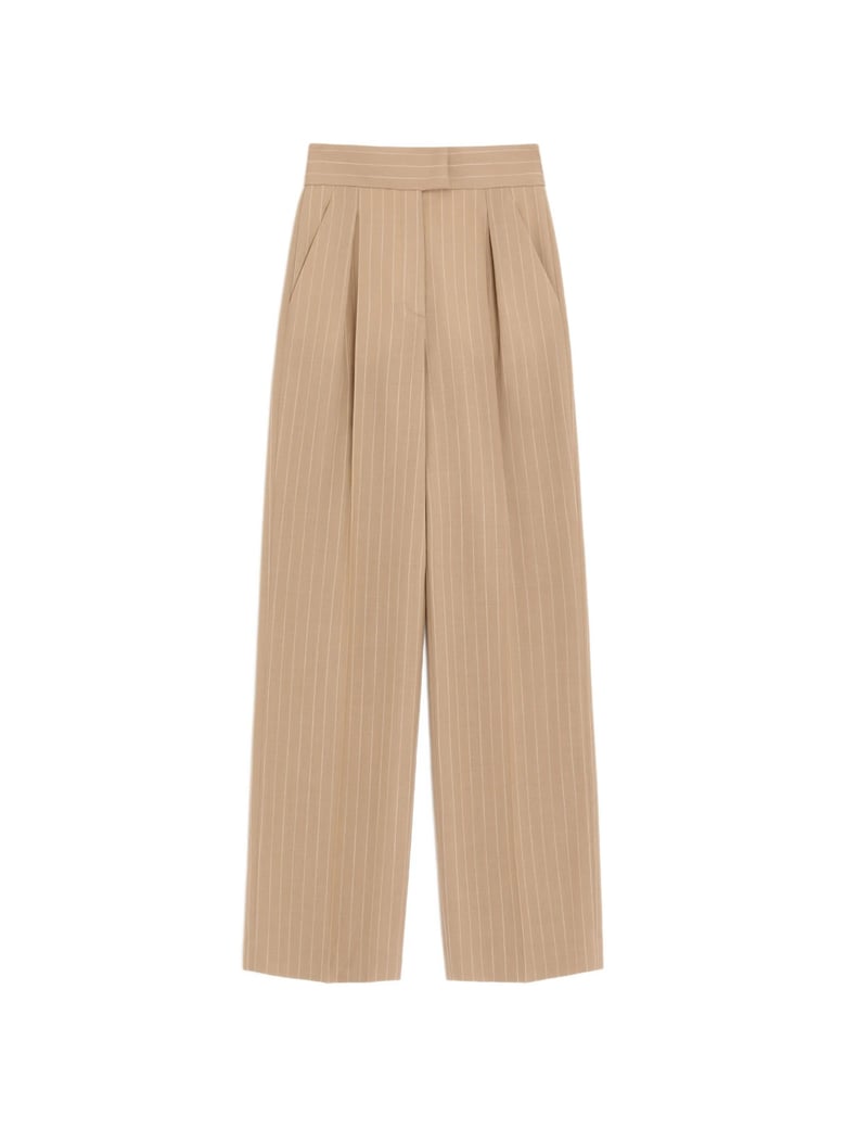 Warm Beige Wide-Leg Pinstripe Trousers