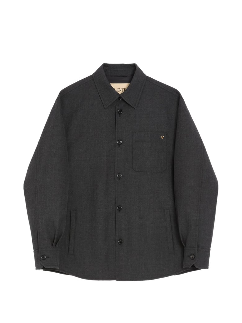Boxy Grey Wool Jacket with Classic Collar and Metallic Detail