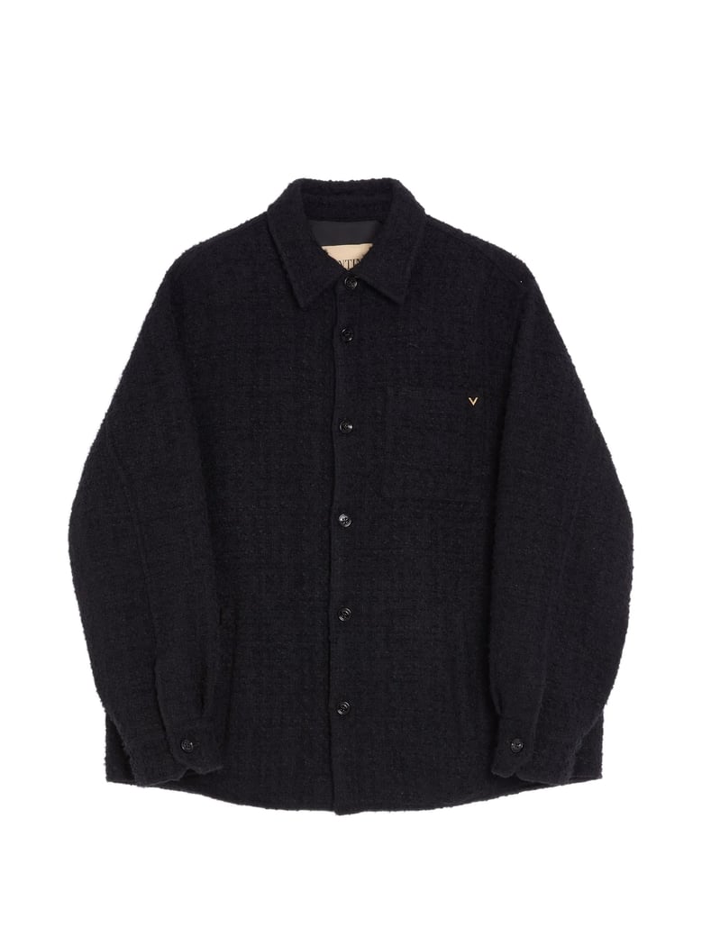 Textured Black Button-Up Jacket with Classic Collar and Subtle Logo