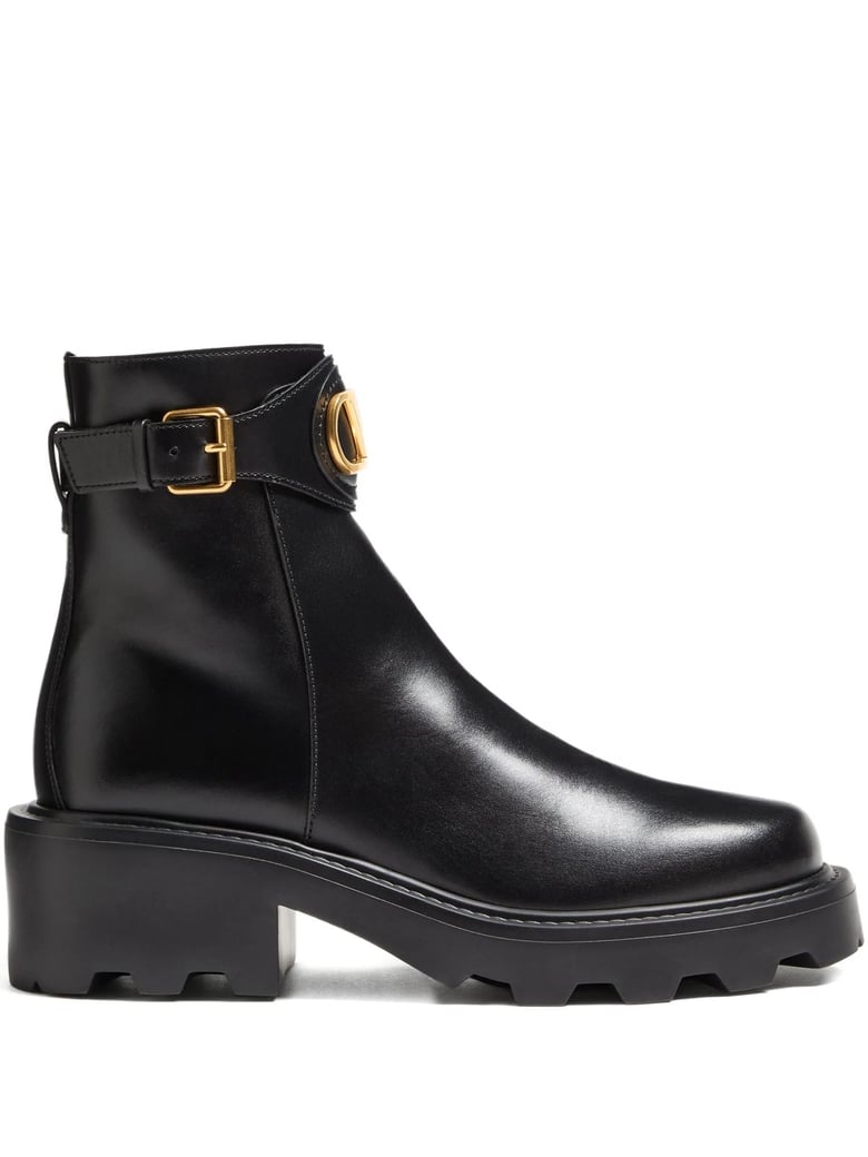 Black Leather Ankle Boots with Gold-Tone Logo and Chunky Sole