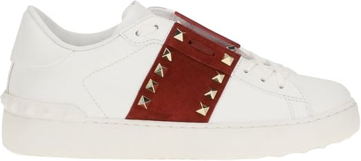 White Leather Sneakers with Red Suede Strap