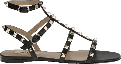 Valentino Garavani Black Calf Leather Bos Taurus Flat Sandals