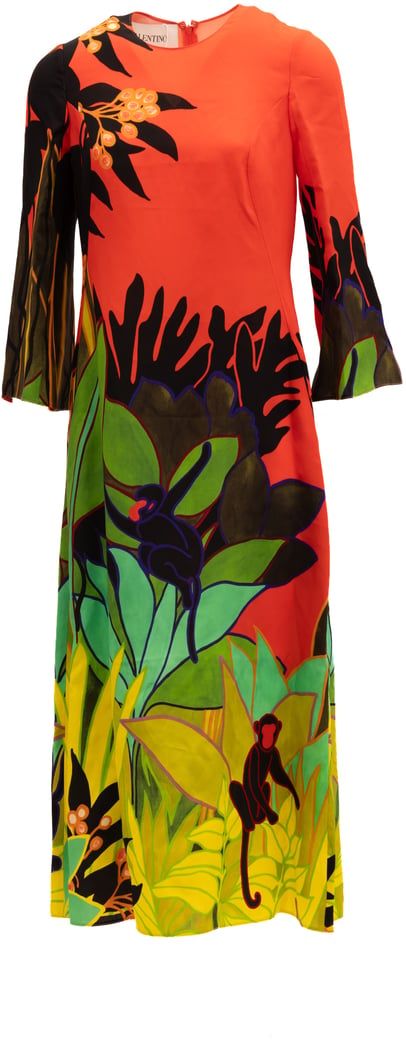Valentino Garavani Tropical Print Long Sleeve Midi Dress