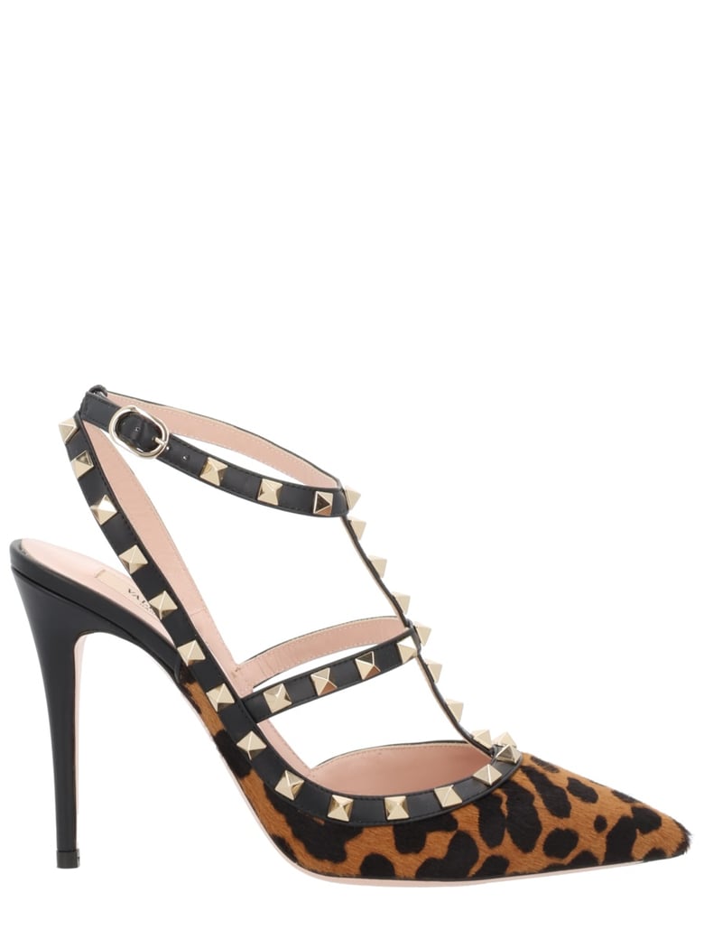 Leopard Rockstud Leather Pointed Ankle Pumps