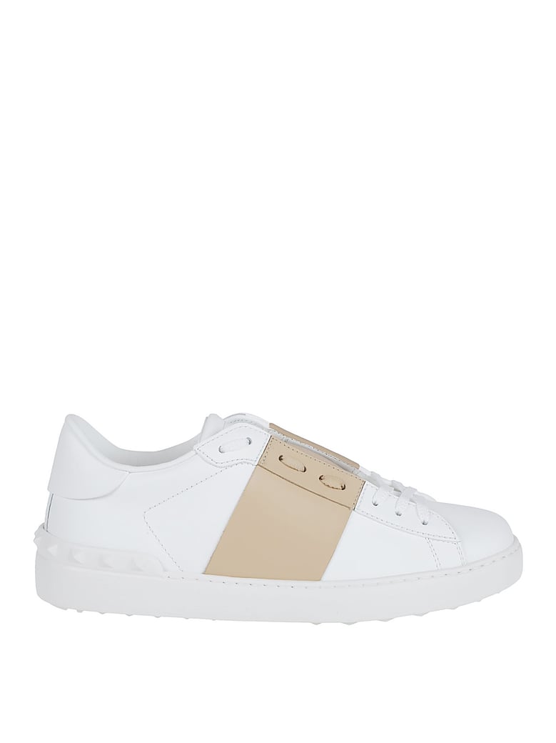 Open Beige Strap Studded Leather Sneakers