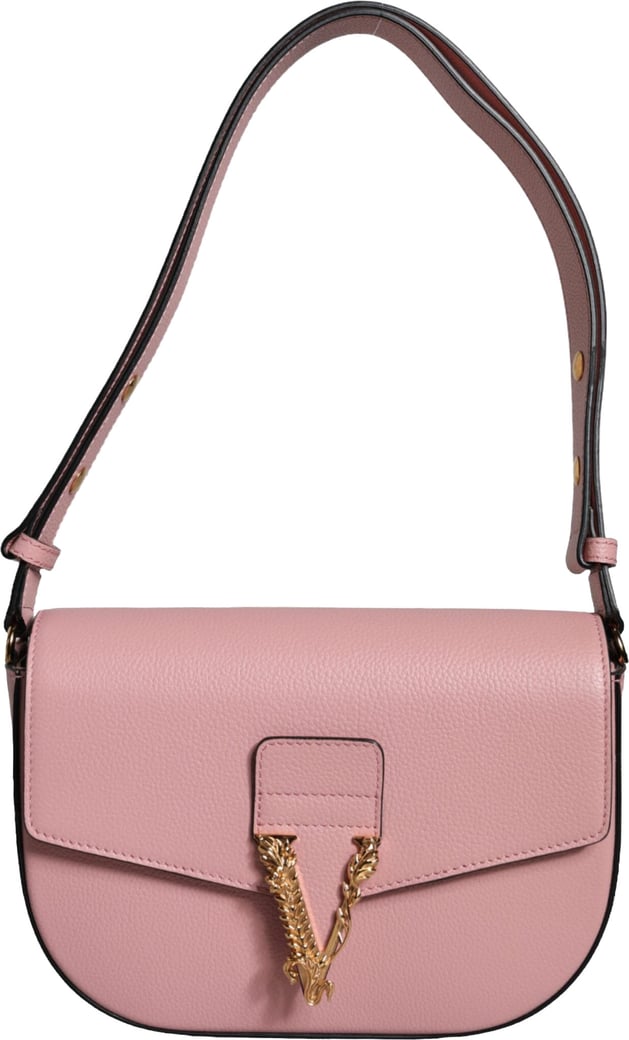 Versace Pink Grainy Calf Leather Logo Crossbody Shoulder Bag
