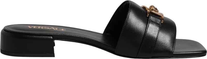 Versace Black Leather Logo Plaque Slip On Slides Flats Shoes