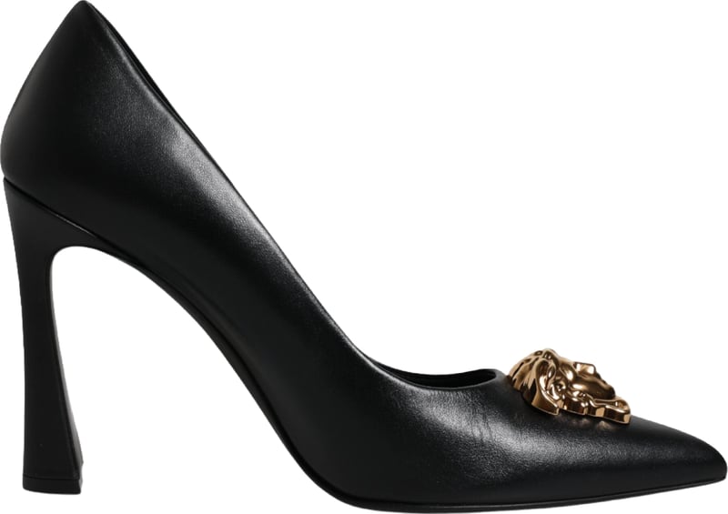 Versace Black Leather Logo Plaque High Heels Pumps Shoes