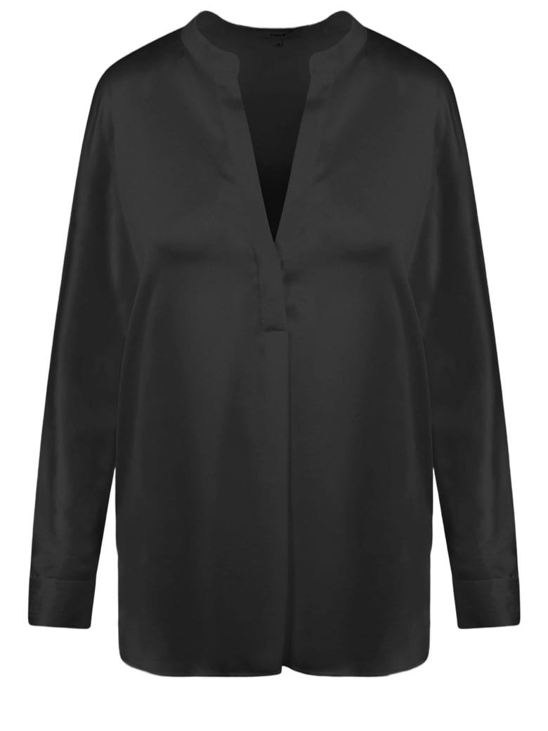 Silk V-Neck Shirt with Mandarin Collar and Adjustable Cuffs