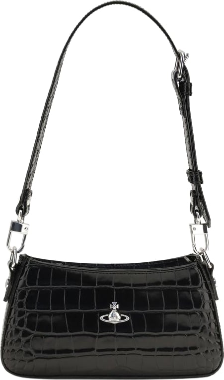Black Calf Leather Crocodile Embossed Shoulder Bag