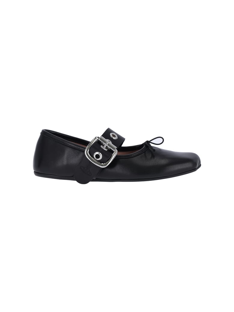 Black Lamb Leather Ballerina Flats with Silver Buckle