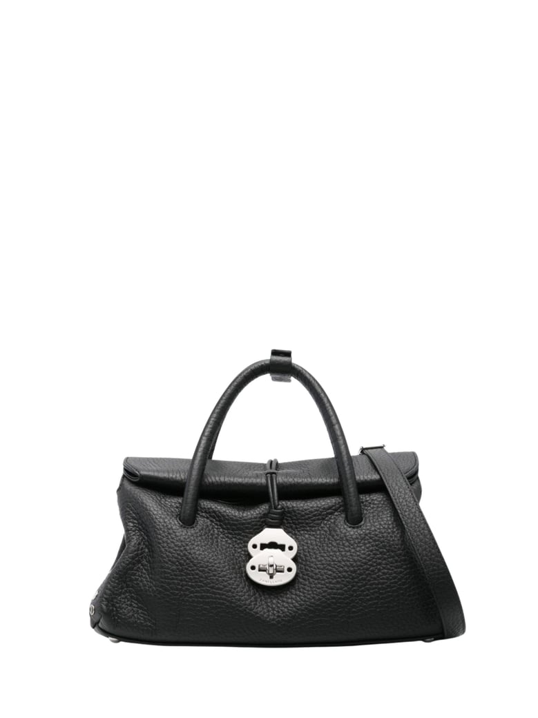 Textured Leather Handbag with Turn-Lock Clasp and Detachable Strap
