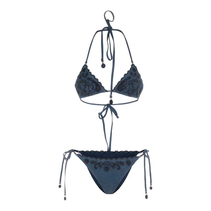 Intricately Embroidered Denim-Like Bikini Set with Scalloped Edges